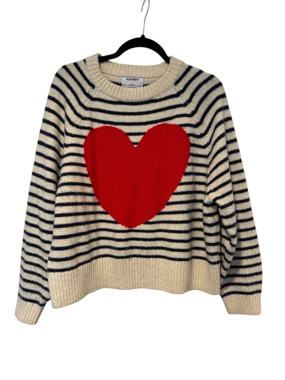 Old Navy Cream Striped Crewneck Sweater with Red Heart Motif